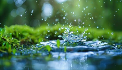 High-Definition Macro Photography of Water Droplets Splashing on Moss with Blurred Background