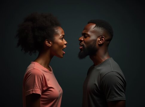 Angry young adult african american woman yelling versus her husband. Black man and woman shouting at each other over dark studio background. Relationship crisis and family conflict concept