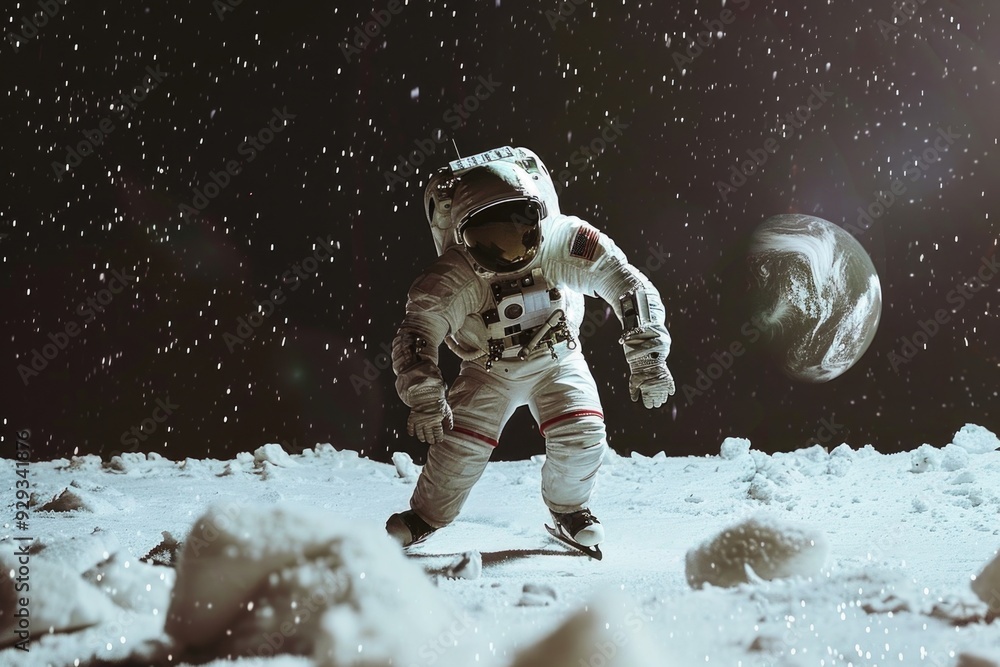 Poster an astronaut in a space suit standing on the surface of the moon, with no signs of human activity or