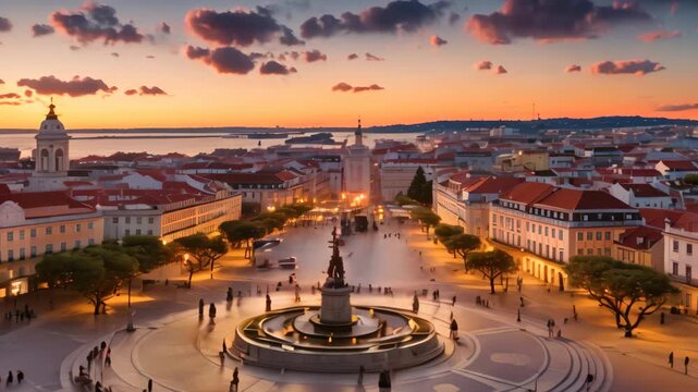 Lisbon, Portugal. Panoramic view of the Alfama Square at sunset, Lisbon aerial skyline panorama European city view on Marques Pombal Square monument