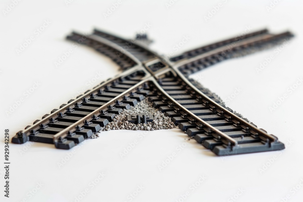 Poster a close-up shot of train tracks on a white surface, ideal for use in illustrations or designs relate