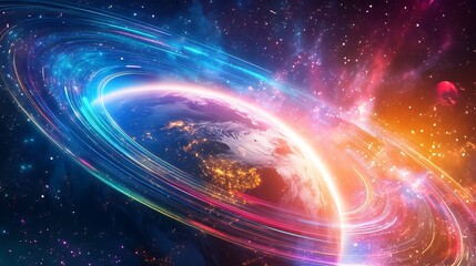 Colorful light streaks around a planet in space.