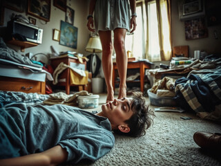 A woman in a messy room standing in front of her husband on the floor