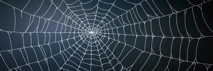 Fototapeta premium Spider web on dark black background, concept of connected, relationship, scary horror banner, Halloween black wallpaper, trap, bait, lies.