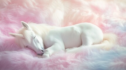 Fototapeta premium Adorable unicorn baby sleeping and dreaming sweet scene on pastel rainbow colorful fluffy blanket backgrounds with copy space, story time, good night, fairy tale, Christmas eve concept.