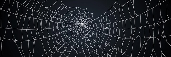 Spider web on dark black background, concept of connected, relationship, scary horror banner, Halloween black wallpaper, trap, bait, lies.