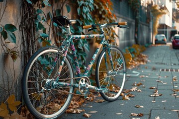Fototapeta premium A bicycle parked on the side of a street with no rider in sight