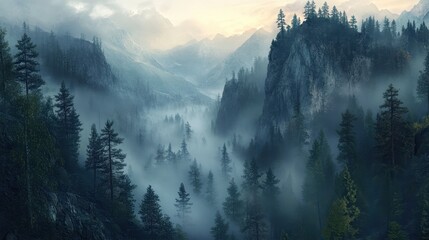 A serene mountain landscape shrouded in mist and surrounded by towering trees.