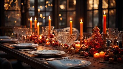Naklejka premium A beautifully set table with candles, glasses, and silverware in a warm and inviting home, a Christmas tree in the background.