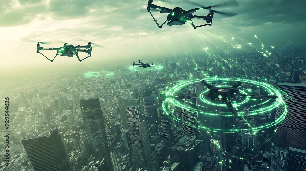 Poster a futuristic defense system featuring digital targeting and autonomous drones.