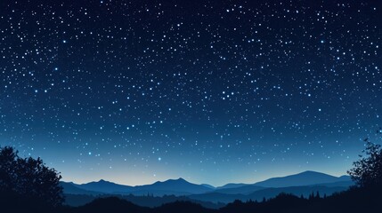 A serene night sky filled with stars above silhouetted mountains and trees.