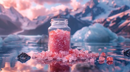 A glass jar filled with pink Himalayan salt sits on the edge of a glacial lake.