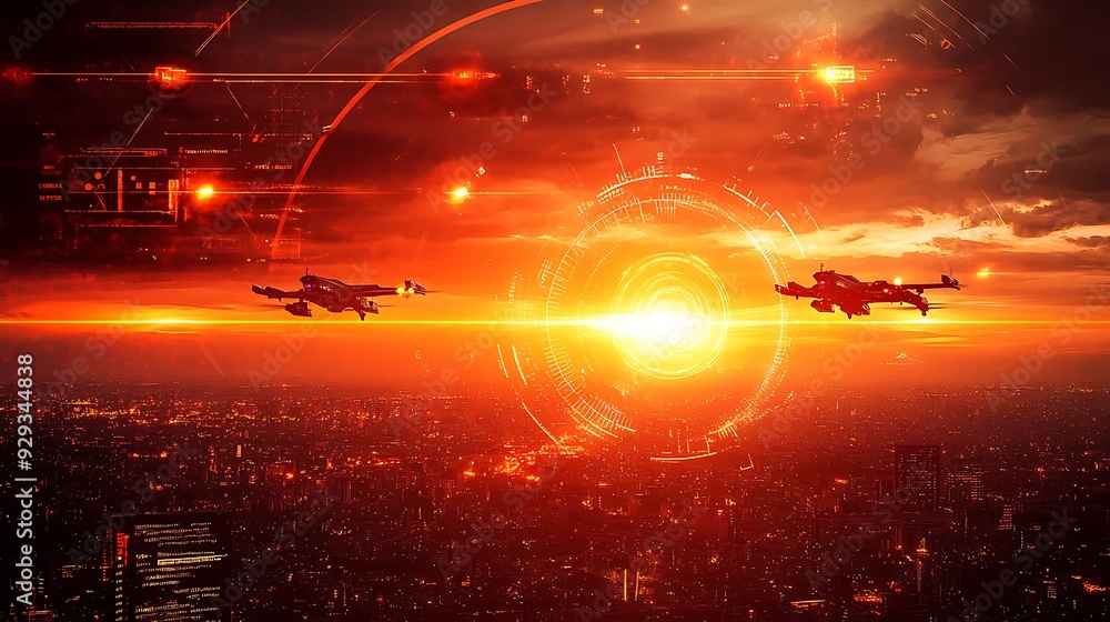 Poster a futuristic defense system with digital targeting and autonomous drones