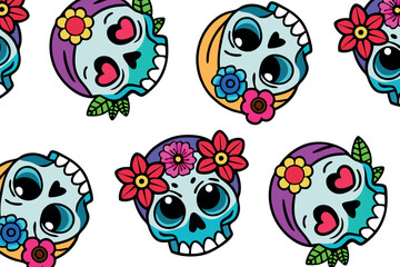 Skull pattern with floral and heart elements in a vibrant color scheme, web backgrounds, textiles, holiday decorations. Playful, cartoonish style with colorful accents