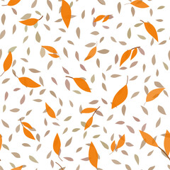 Autumn botanical decor. Monochrome brown orange plant seamless pattern. Random translucent birch leaves on white background.. Soft nature colors. Simple autumnal background for design.