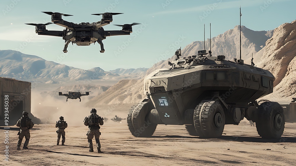 Poster a futuristic defense system with digital targeting and autonomous drones