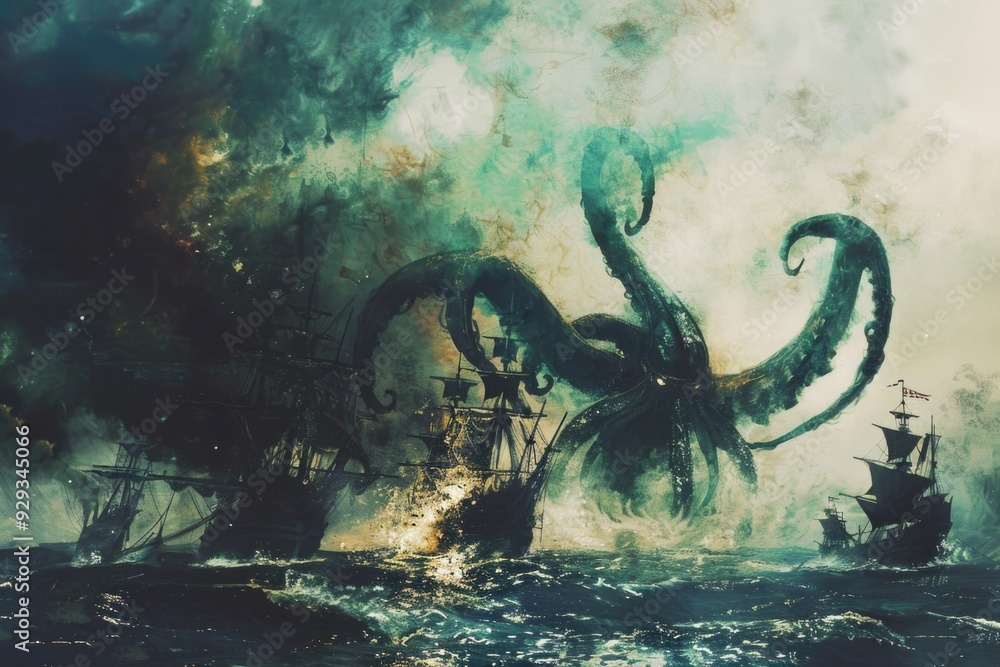 Poster a giant octopus attacks a ship in the middle of the ocean, creating chaos and destruction