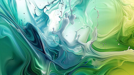 A fluid abstract artwork featuring a blend of swirling teal, blue, and green shades, with dynamic splashes and smooth, flowing lines creating a sense of motion and energy