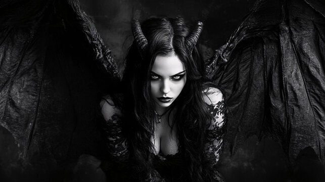 Intense black and white portrait of a female demon with horns and wings, embodying dark fantasy themes with a powerful, mysterious presence and captivating, otherworldly eyes.