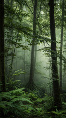 Fototapeta premium Enchanted Forest Trail: Mist and Ferns at Dawn