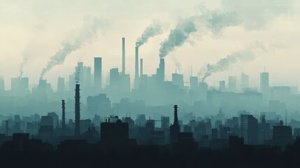Fototapeta premium A hazy industrial skyline with smokestacks emitting pollution.