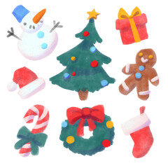 Christmas or Happy New Year hand drawn watercolour sticker set. Snowman, xmas tree, santa hat, ginger man, candy cone, wreath. Isolated printable sticker collection on transparent background. 
