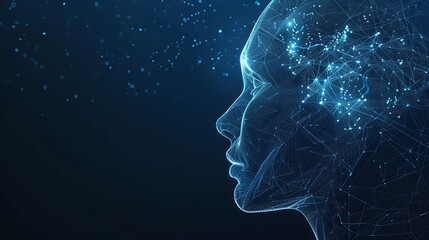 Digital representation of a human face formed by a network of glowing lines and dots against a dark blue background.