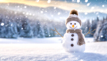 Obraz premium Panoramic snowman in Winter Scene with scarf & hat