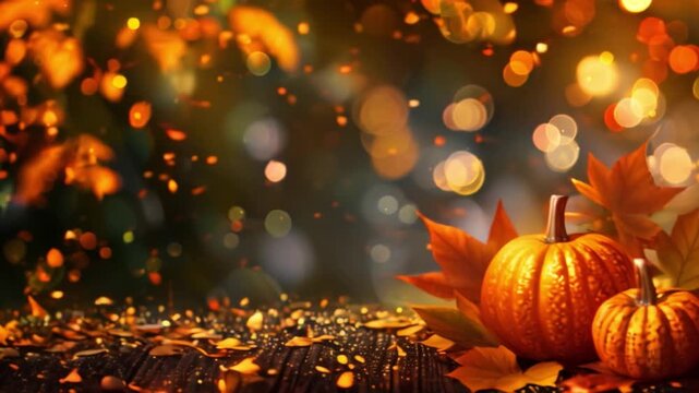 A large pumpkin sits on a table surrounded by autumn leaves and golden bokeh lights.