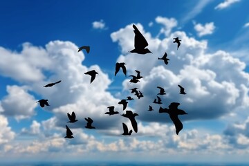 Many dark birds flying on sky background.
