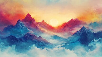 Fototapeta premium Dramatic sunrise over majestic mountain range, clouds swirl through valleys.