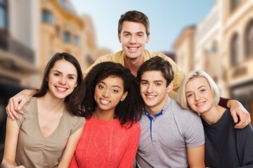 Walking, happy students at university together