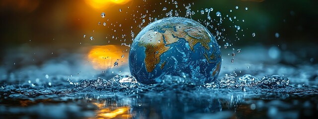 Water droplets form the shape of continents on a globe, copy sapce, emphasizing the interconnectedness of water resources worldwide, Global water awareness concept design