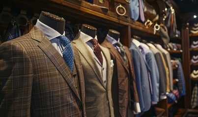 luxury men's suits in the store, with mannequins wearing neckties and blouses