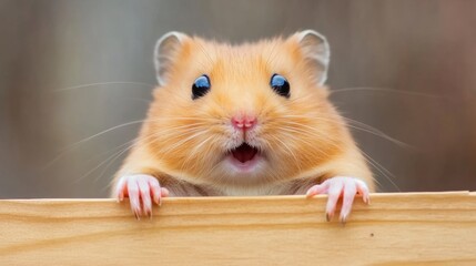 Obraz premium A hamster is looking over a wooden board with its mouth open, AI