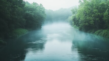 Naklejka premium A serene river scene shrouded in mist, surrounded by lush greenery.