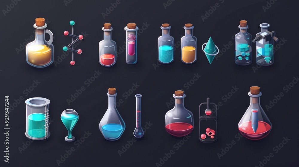Aufkleber Assortment of colorful liquids in glass bottles for various uses and experiments