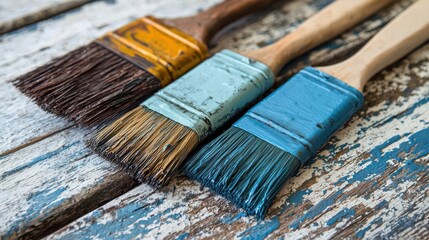 Fototapeta premium Three paint brushes with colorful bristles resting on a rustic wooden surface ideal for artistic or DIY projects