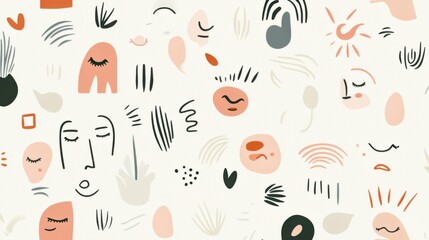 A background with hand-drawn illustrations of simple, organic shapes that evoke human emotions. Pastel colors on a white background