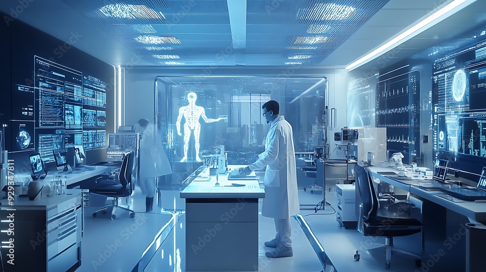 Poster a futuristic lab conducting ai-driven experiments with digital data visualizations.