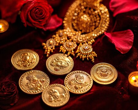 joyas tradicionales indias y monedas de oro expuestas sobre un rico fondo de terciopelo. Dhanteras