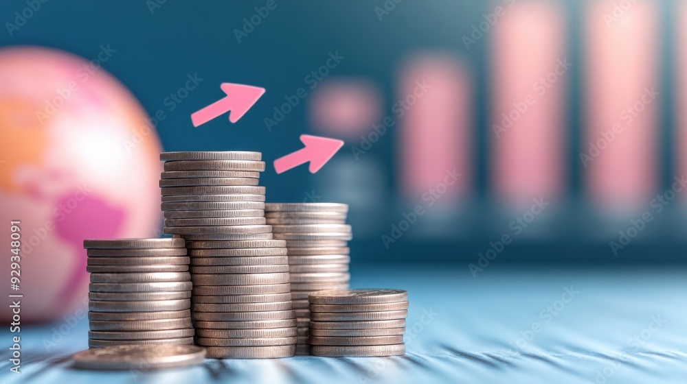 Poster a stack of coins with arrows pointing up to a globe, ai