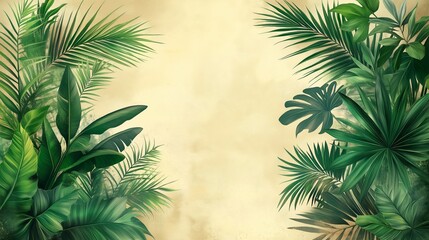 Tropical Green Palm Leaves in a Minimalist Background with Earthy Beige Tones, Creating a Natural and Relaxing Eco-Friendly Design