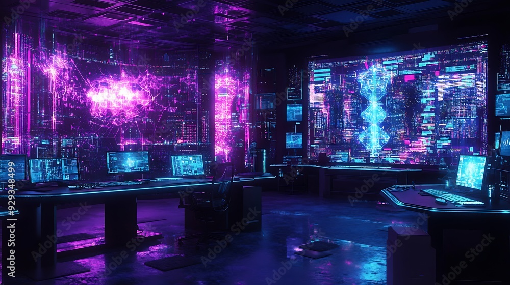 Poster a cutting-edge lab focused on quantum computing, using holographic data displays