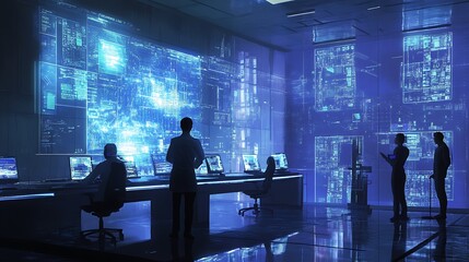 A cutting-edge lab focused on quantum computing, using holographic data displays
