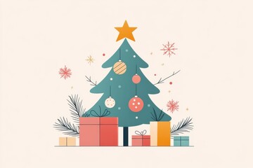 A decorated Christmas tree with colorful ornaments and a shining star on top, surrounded by gift boxes and tiny snowflakes cute minimal illustration doodle style