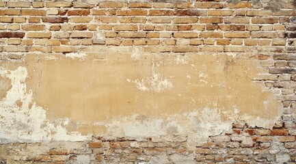 A weathered brick wall, showcasing a smooth, unpainted area that is ideal for placing text or graphics. This wall is perfect for use in creating backgrounds and artistic designs that stand out