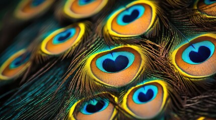 peacock feathers. A detailed close-up background of animal skin textures peacock feathers in vibrant colors