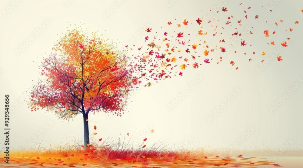 Poster autumn background with autumn trees and leaves blowing in the wind white background generative ai