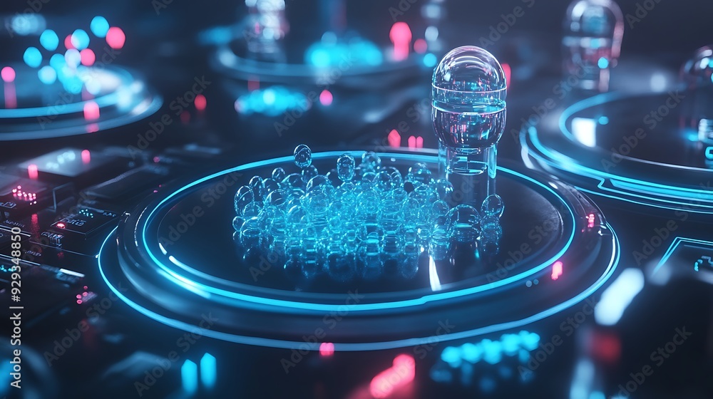 Poster a futuristic laboratory exploring quantum computing, with holographic data visualization